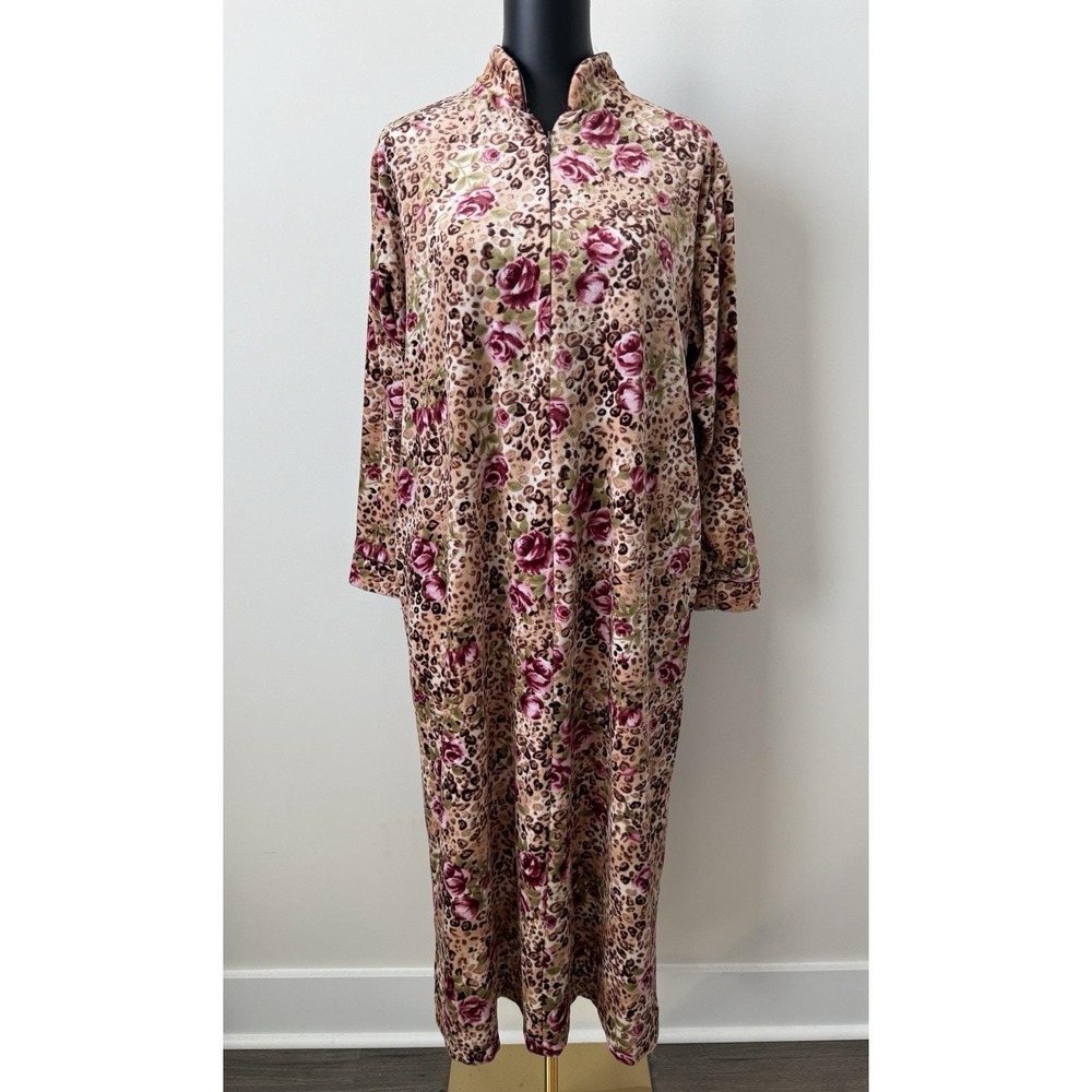 Vtg CINEMA ETOILE Velour Leopard & Floral Print Half Zip Robe Size M EUC
